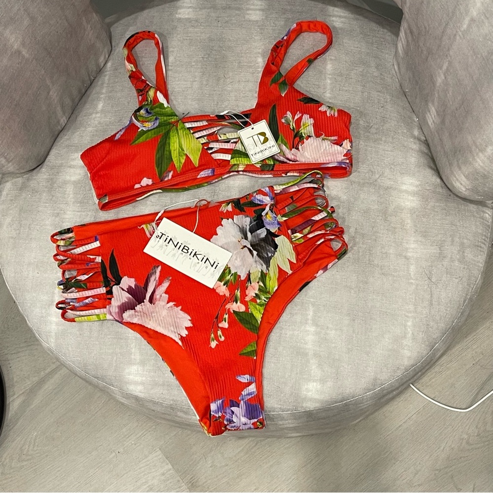 NWT TiniBikini - Floral Orange High Waisted Bikini Set Size M